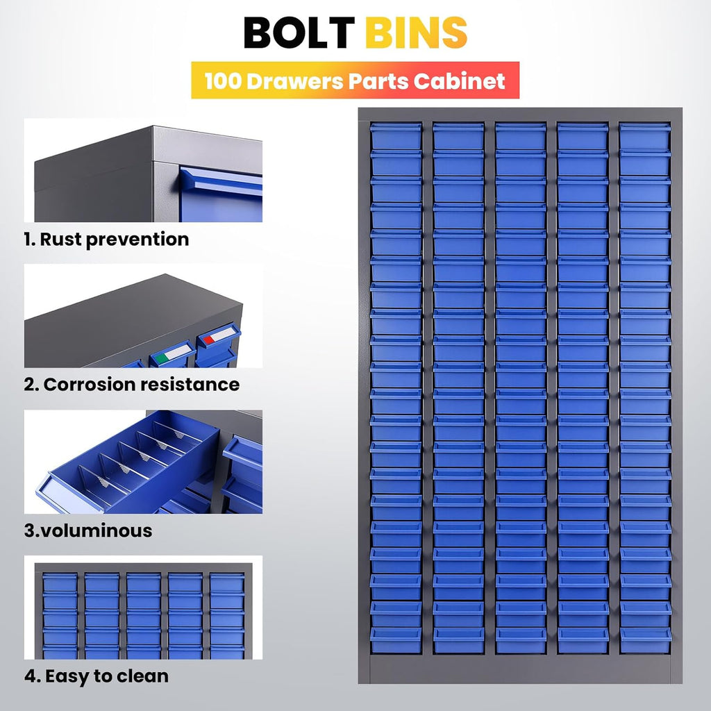 Nut and Bolt Organizer, Heavy Duty Parts Cabinet with 100 ABS Material Drawers, Metal Frame Bolt Organizer Storage in Workshop, Garage, and Classroom (Grey)