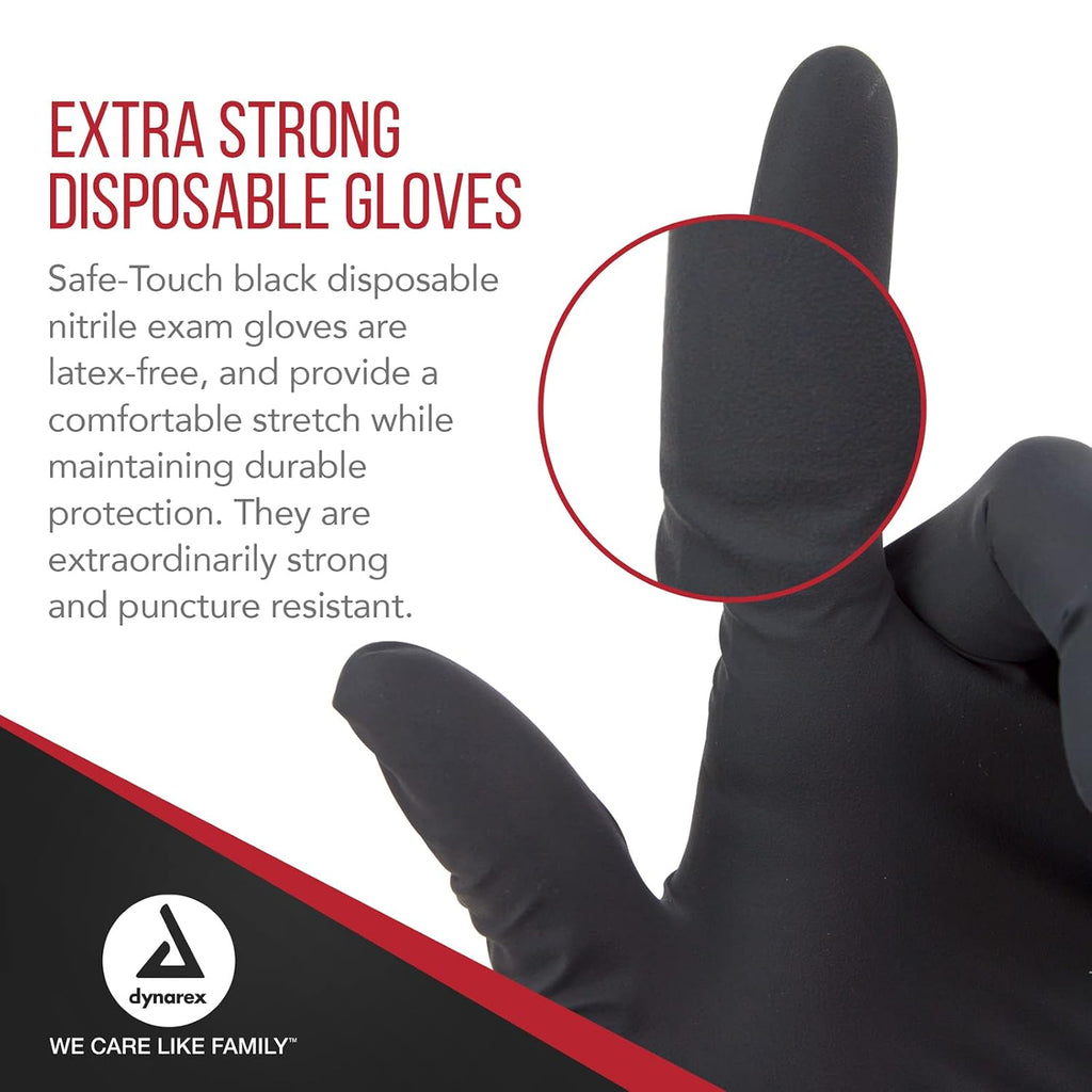 Dynarex Safe-Touch Black Disposable Nitrile Exam Gloves, Powder-Free, Used in Healthcare & Professional Settings, Law Enforcement, Tattoo, Salon or Spa, 1 Case Includes 10 Boxes of 100 Gloves (Small)