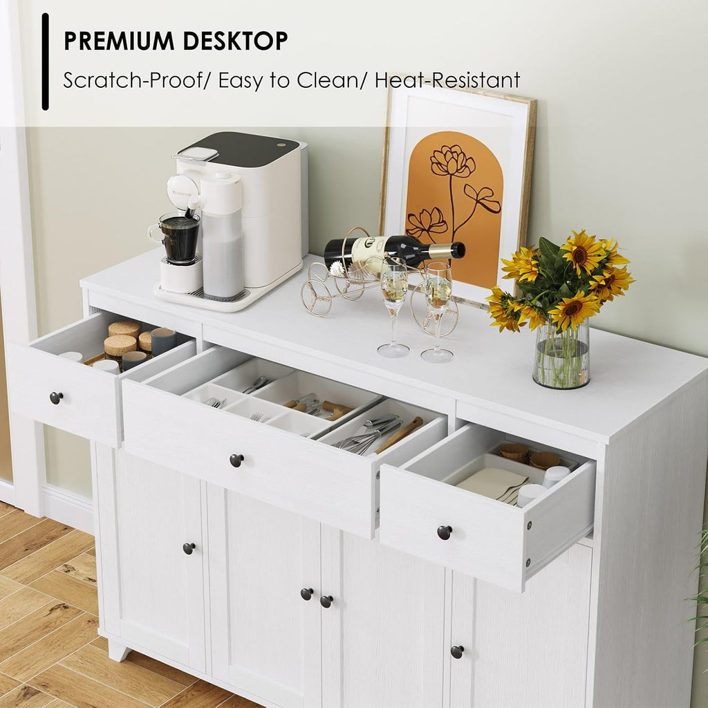 HIFIT Buffet Cabinet White Sideboard Storage Cabinet with 3 Drawers & 4 Doors Adjustable Shelves, 47' Modern Coffee Bar Cabinet, Wood Accent Cabinet for Kitchen Cupboard Dining Living Room