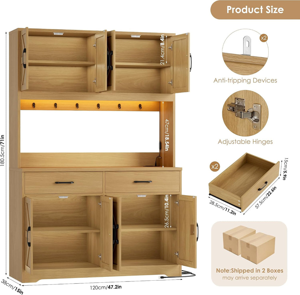 HIFIT 71' Tall Kitchen Pantry Cabinet with RGB LED and Charging Station, Farmhouse Coffee Bar Cabinet with Large Countertop and 6 Hooks, Kitchen Hutch Storage Cabinet, Natural