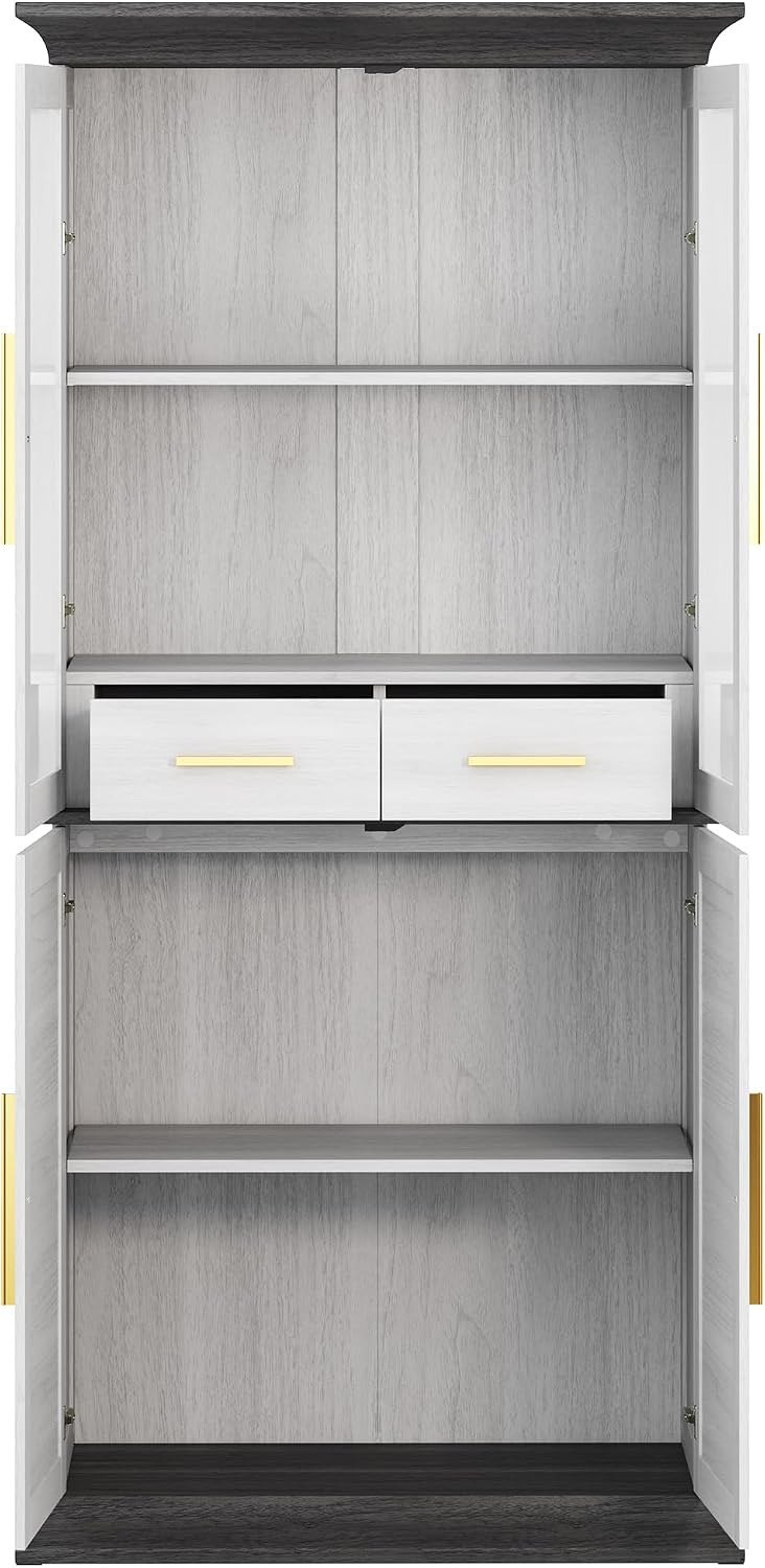 BELLEZE 72' High Storage Cabinet with Adjustable Shelves and Drawers, Freestanding Cabinet with Ample Storage Space for Kitchen, Dining & Living Room - White
