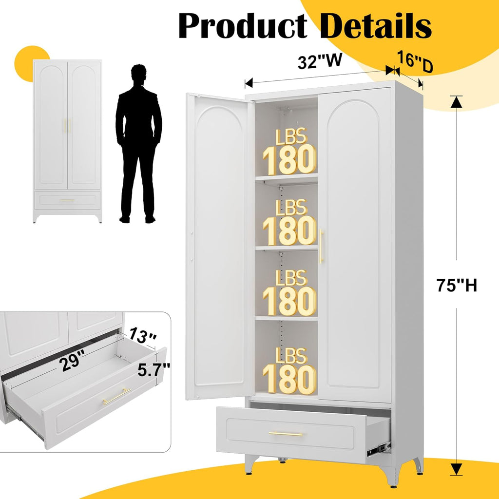 SteeLoong Metal Storage Cabinet with Drawers,75Inch White Pantry Cabinets for Kitchen Storage with 3 Adjustable Shelves,Tall Kitchen Pantry Cabinet for Living Room, Dining Room Office