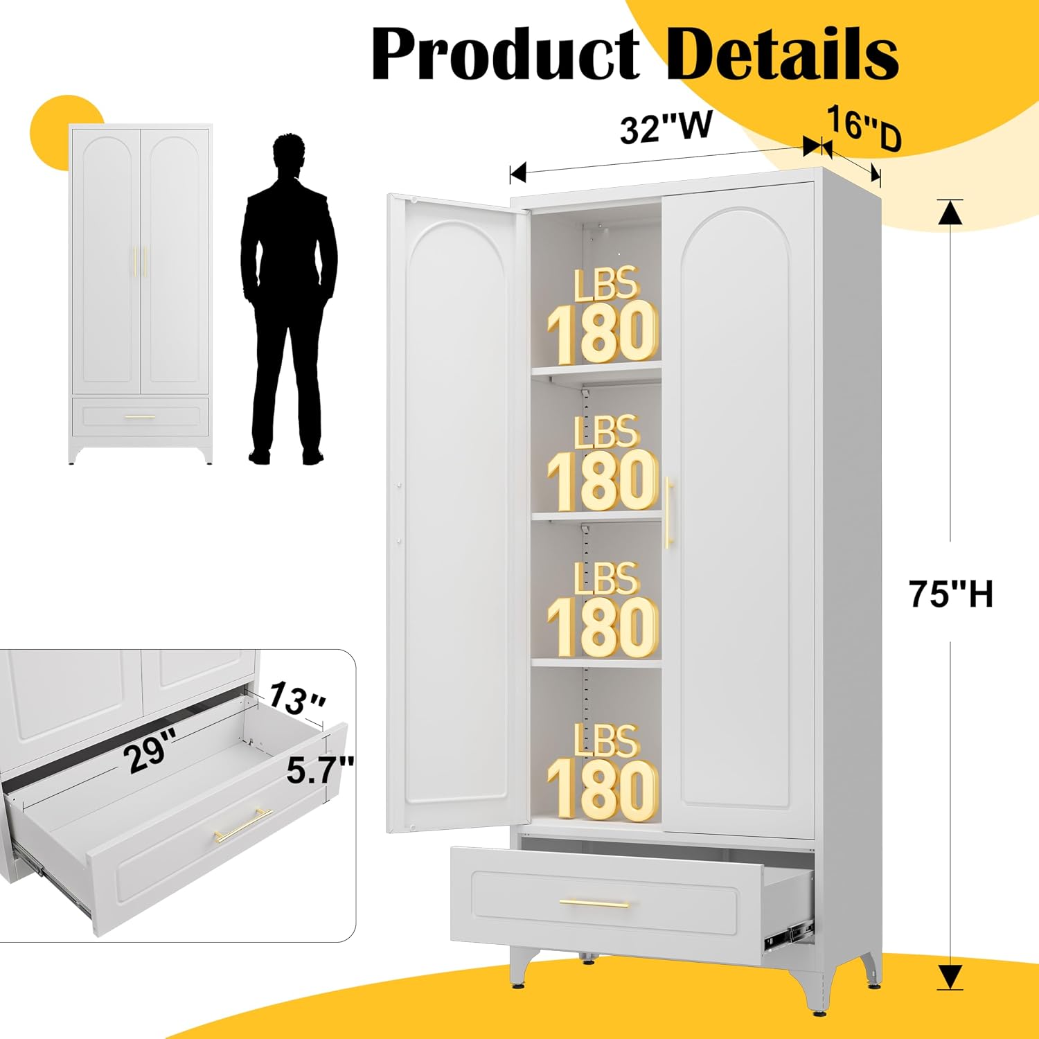 SteeLoong Metal Storage Cabinet with Drawers,75Inch White Pantry Cabinets for Kitchen Storage with 3 Adjustable Shelves,Tall Kitchen Pantry Cabinet for Living Room, Dining Room Office