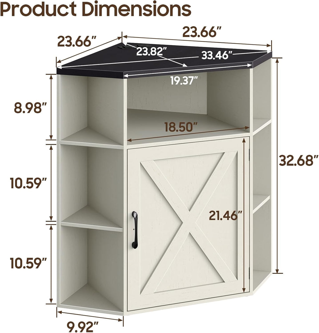 Vabches Corner Cabinet, Corner Storage Shelf with USB Ports and Outlets Industrial Organizer for Small Space Wooden 6-Cubby Bookshelf for Study, Playroom, Living Room (Rustic White and Black)