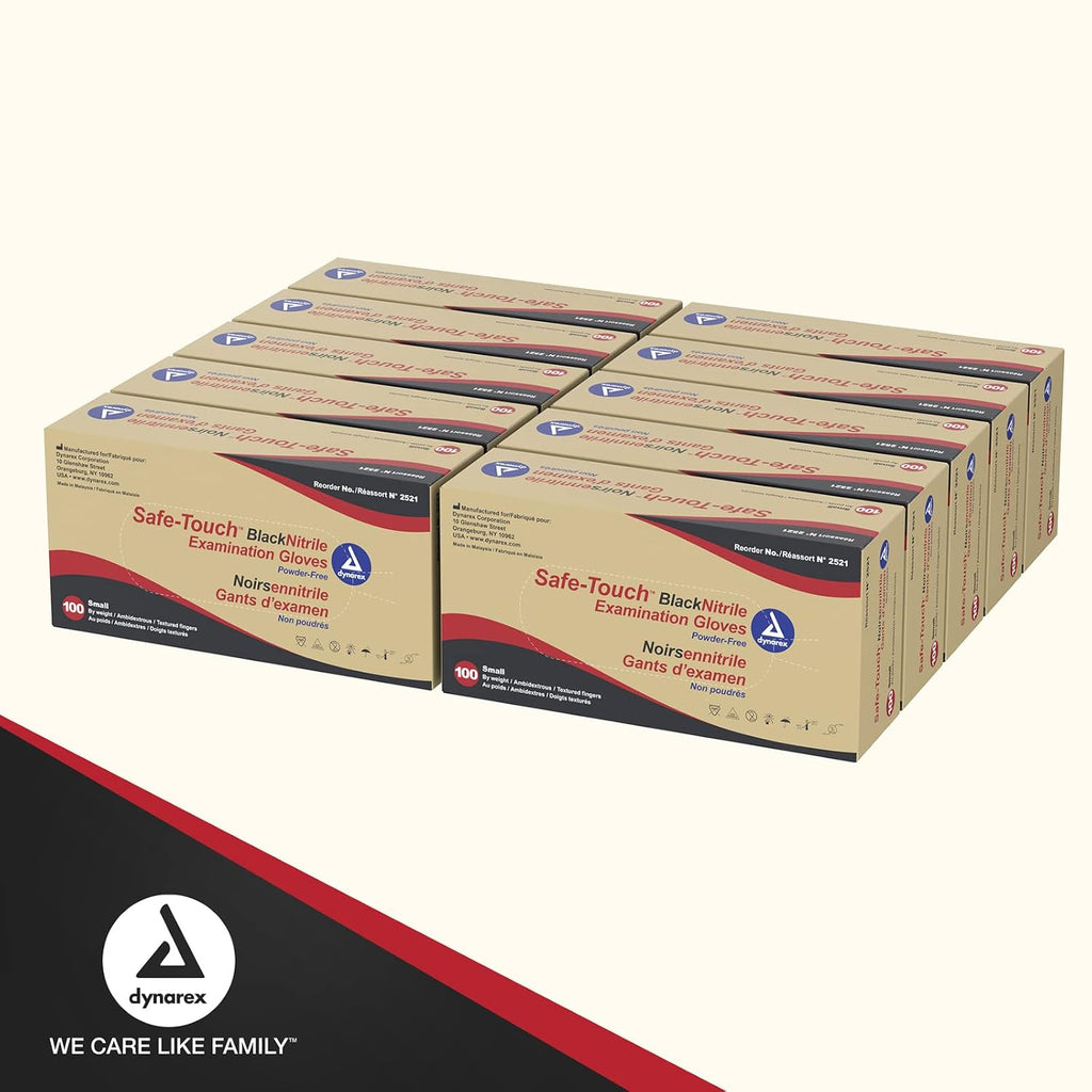 Dynarex Safe-Touch Black Disposable Nitrile Exam Gloves, Powder-Free, Used in Healthcare & Professional Settings, Law Enforcement, Tattoo, Salon or Spa, 1 Case Includes 10 Boxes of 100 Gloves (Small)