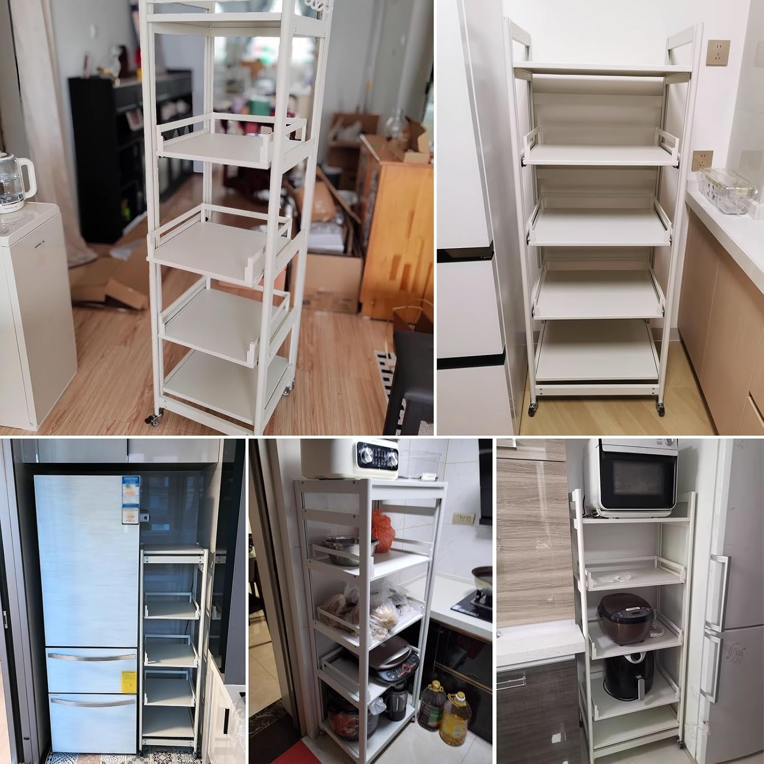 Kitchen Shelving Unit Adjustable Heigh, 5-Tier Food Corner Bakers Rack with Wheels, for Restaurant Laundry Bathroom Garage Warehouse