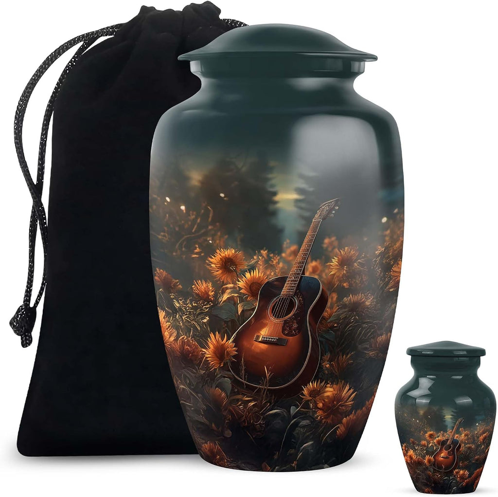Guitar Small Urns for Human Ashes Adult Female - Green Urn for Ashes Male 3 Inch with 10 Inch Set - Funeral Cremation Urns for Daughter and Son - Adult Urn Mother and Father, 1 Large & 1 Mini