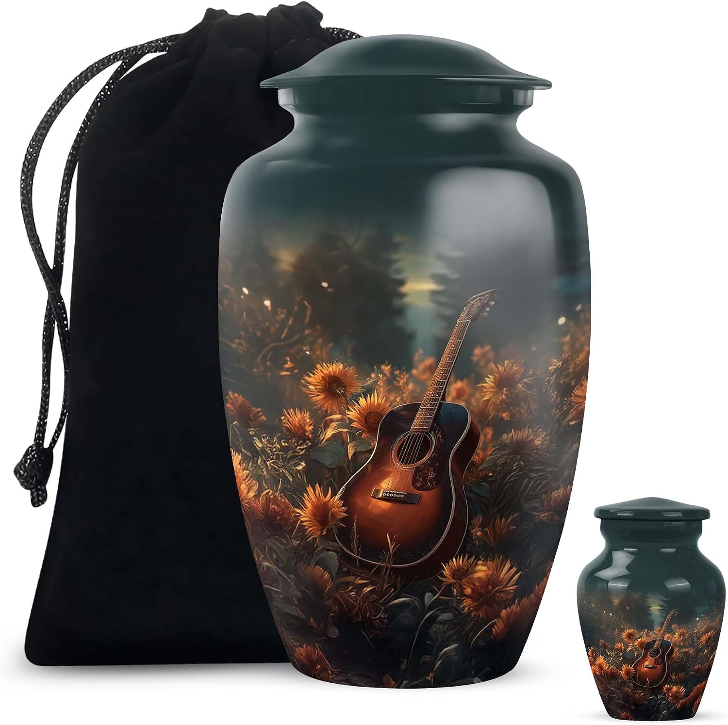 Guitar Small Urns for Human Ashes Adult Female - Green Urn for Ashes Male 3 Inch with 10 Inch Set - Funeral Cremation Urns for Daughter and Son - Adult Urn Mother and Father, 1 Large & 1 Mini