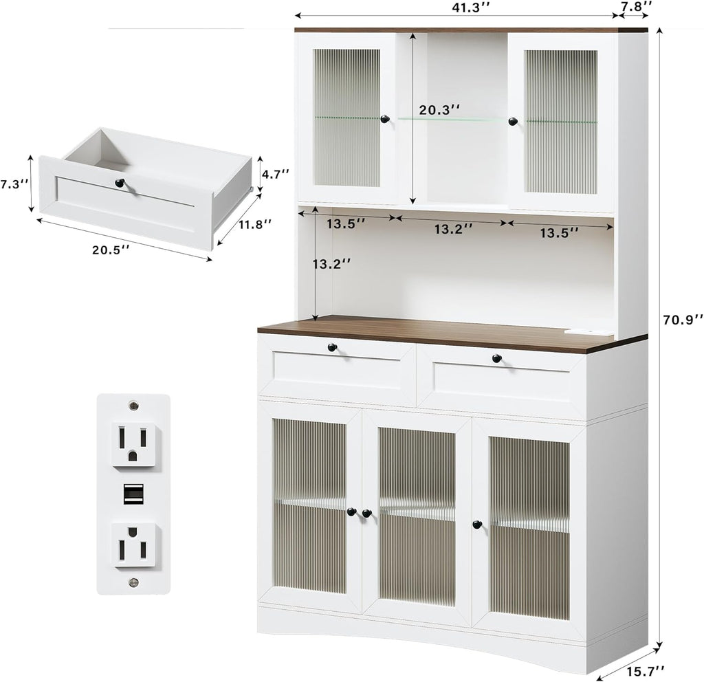 HUAHUU 71' Kitchen Pantry Cabinet with Lights & Acrylic Doors, Pantry Storage Cabinet with Microwave Stand, Kitchen Hutch Food Cabinets with Charging Station, Adjustable Shelves, White