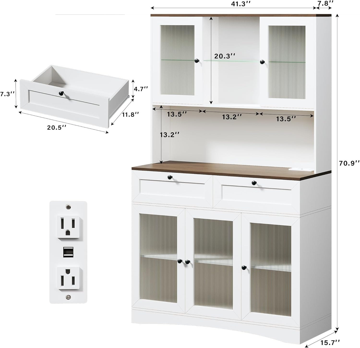 HUAHUU 71' Kitchen Pantry Cabinet with Lights & Acrylic Doors, Pantry Storage Cabinet with Microwave Stand, Kitchen Hutch Food Cabinets with Charging Station, Adjustable Shelves, White