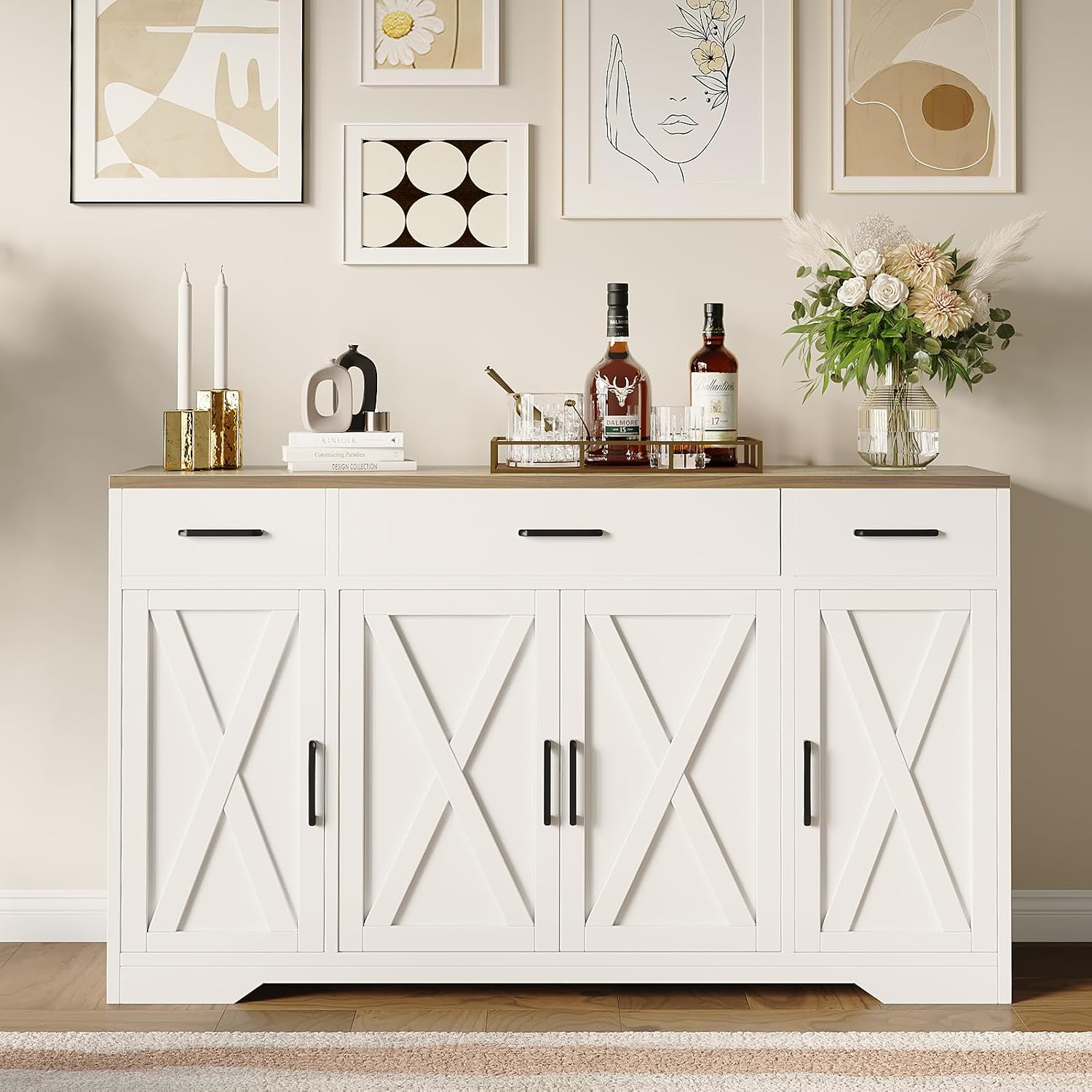 Garvee 55 in Large Buffet Sideboard Cabinet with Storage 4 Doors and 3 Drawers Kitchen Storage Cabinet Coffee Bar Buffet Table for Dining Room, Living Room, Adjustable Shelf