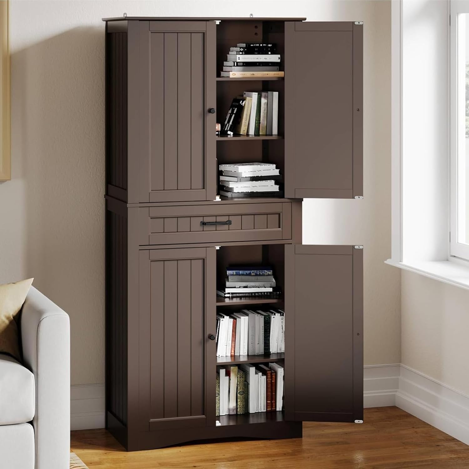 Gizoon 71'' Kitchen Pantry Storage Cabinet, Freestanding Pantry Organizers and Storage Cabinet with 4 Doors and 4 Adjustable Shelves, Tall Cabinet with Large Drawer for Kitchen, Living Room, Bathroom