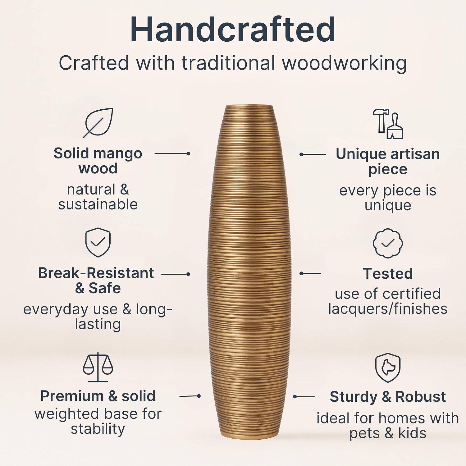LEEWADEE Large Floor Vase – Handmade Flower Holder Made of Wood, Sophisticated Vessel for Decorative Branches and Dried Flowers, 43 inches, Golden