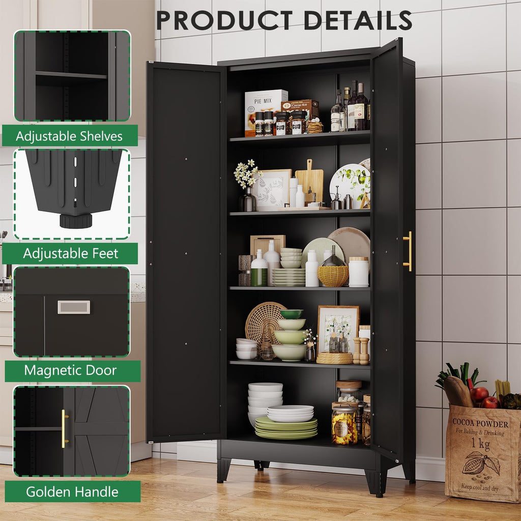 pozdeg 71' Tall Kitchen Pantry Cabinet, Metal Storage Cabinet with 2 Doors and 4 Adjustable Shelves, Black Food Pantry Cupboard for Kitchen, Dining Room, Living Room and Bathroom (Black)