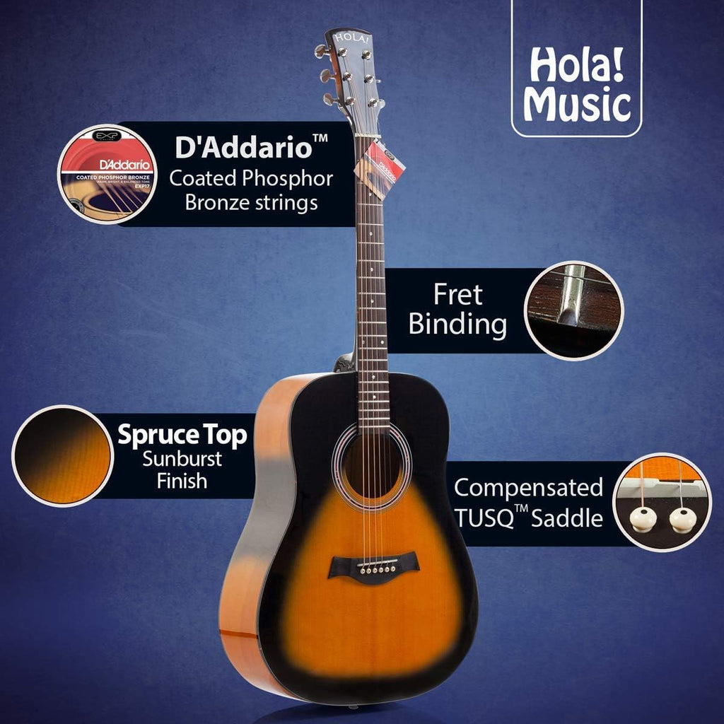 Acoustic Guitar Bundle Dreadnought Series by Hola! Music with D'Addario EXP16 Steel Strings, Padded Gig Bag, Guitar Strap and Picks, Full Size 41 Inch (Model HG-41SB), Vintage Sunburst