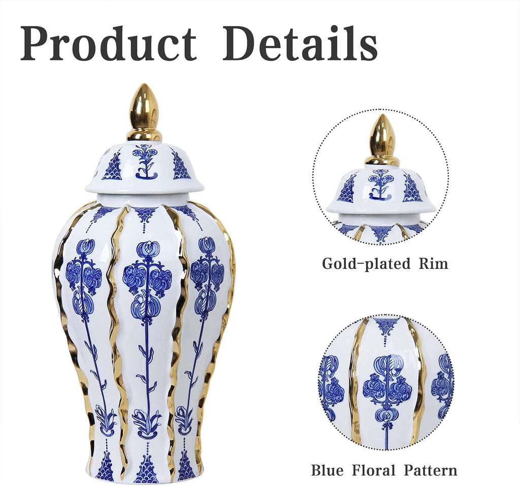 Blue and White Ginger Jar with lid, 18 Inch Large Ceramic Vase for pampas grass, Luxury Home Decor White Gold Tall Flower Vase for Living Room Kitchen Centerpiece, Hotel Wedding Decor