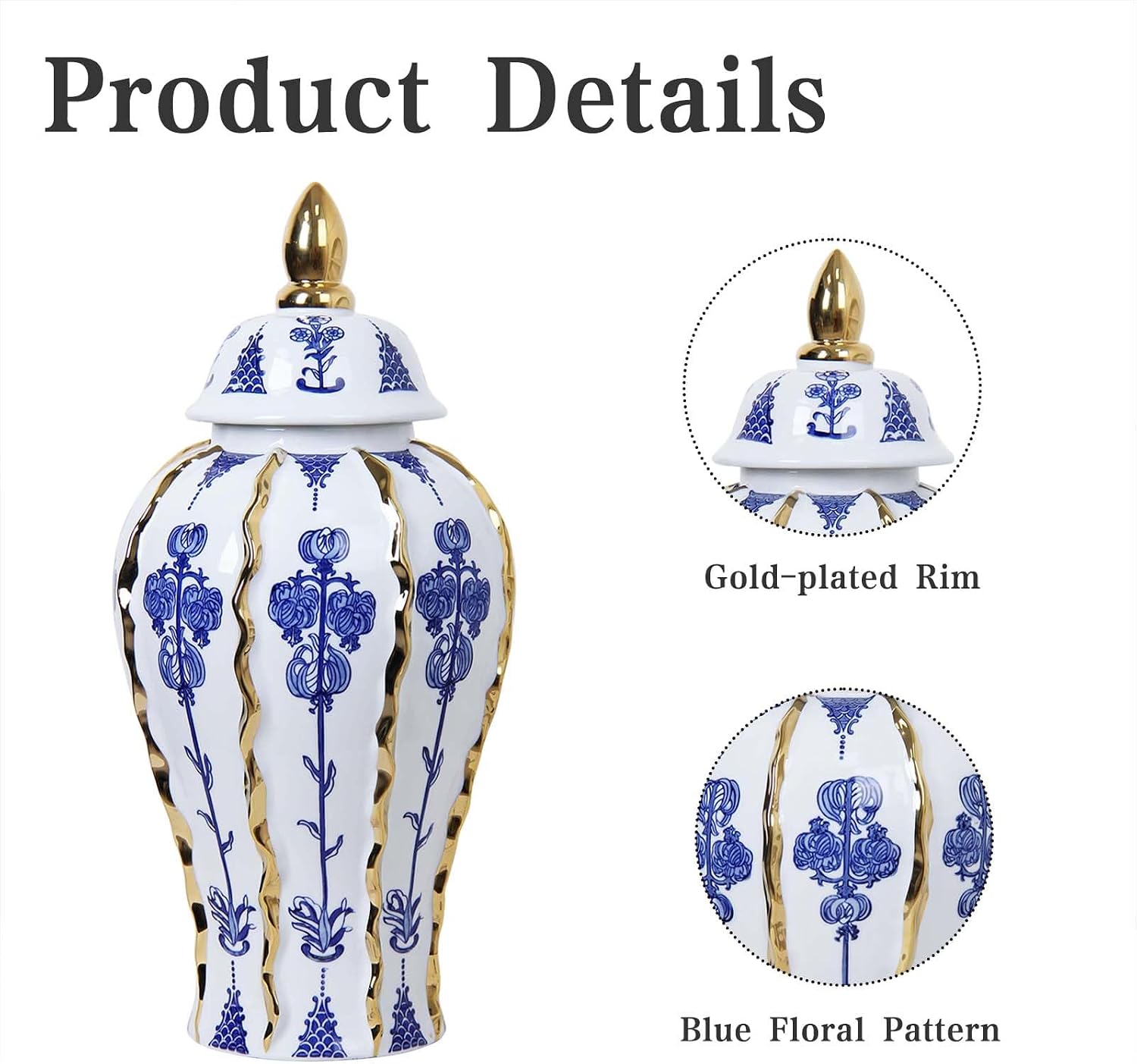 Blue and White Ginger Jar with lid, 18 Inch Large Ceramic Vase for pampas grass, Luxury Home Decor White Gold Tall Flower Vase for Living Room Kitchen Centerpiece, Hotel Wedding Decor