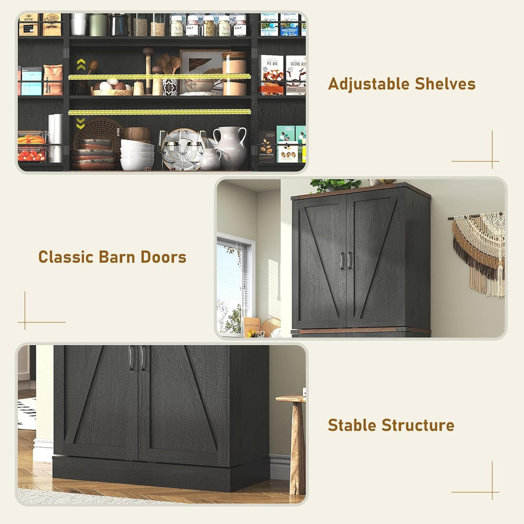 71' Tall Kitchen Pantry Cabinet, Farmhouse Tall Kitchen Storage Cabinet with Adjustable Shelves & 4 Barn Style Doors, Wooden Storage Cabinet for Kitchen, Dining Room, Living Room, Bathroom, Office