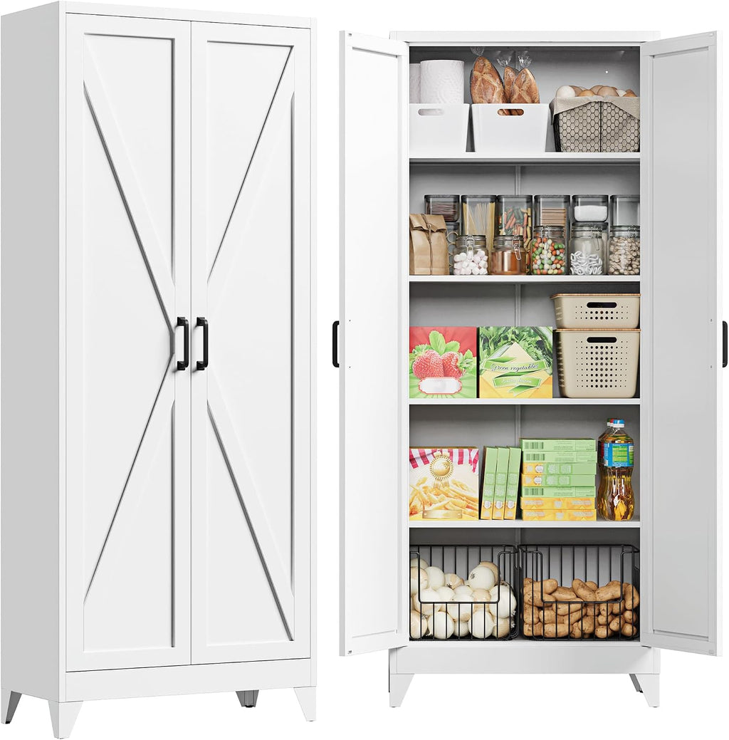 PEUKC 75' Farmhouse Metal Storage Cabinet with Doors and 4 Adjustable Shelves, Large Pantry Organizer for Kitchen, Dining Room, and Living Room,Assemble Require(White)