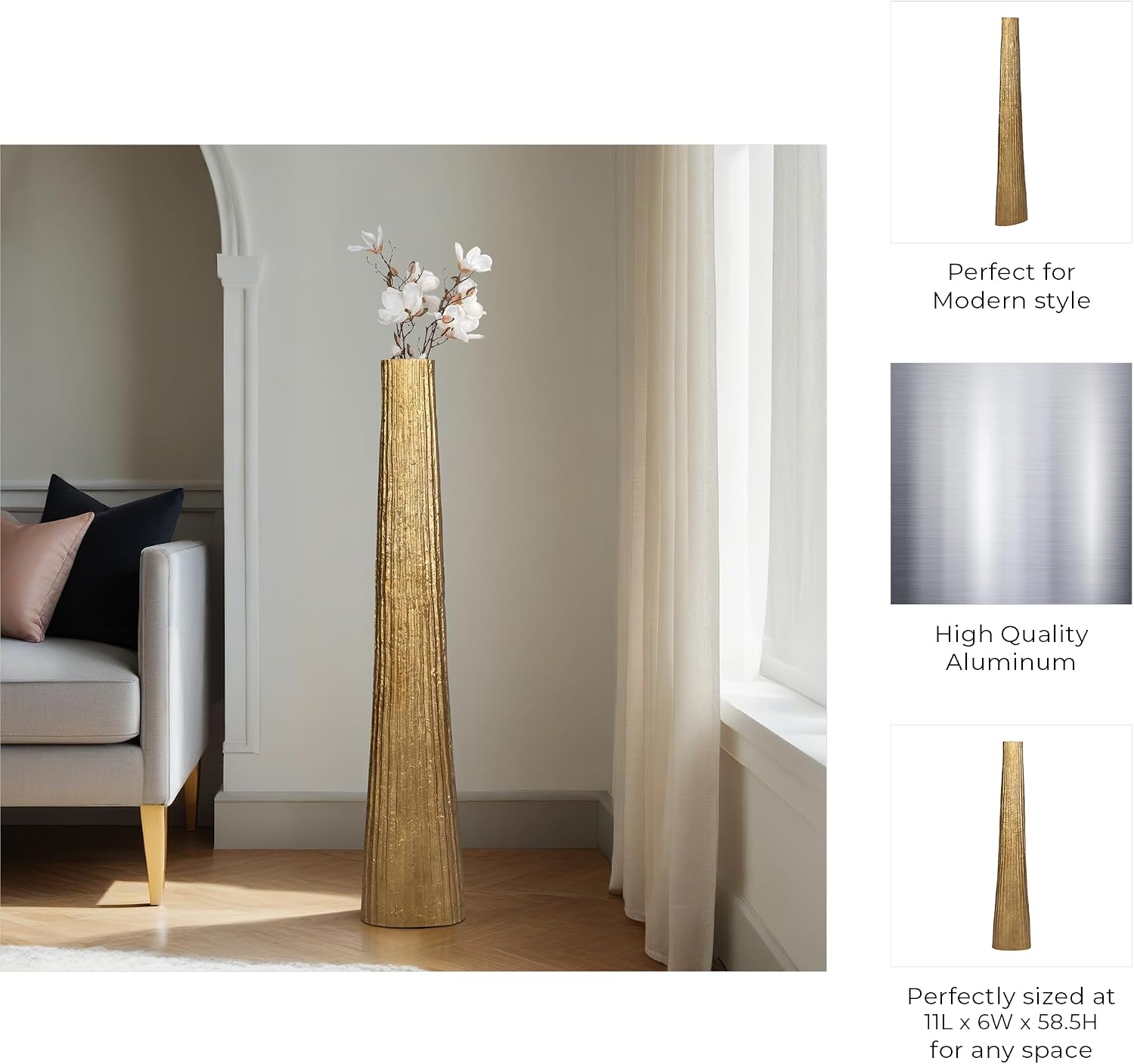 Floor Vase for Living Room Decor – Metal Vase for Home, Bedroom, or Office – Elegant vase adds a Sophisticated Accent to Any Table, House, or Room Decor – Flower Vases for Centerpieces – 58', Gold