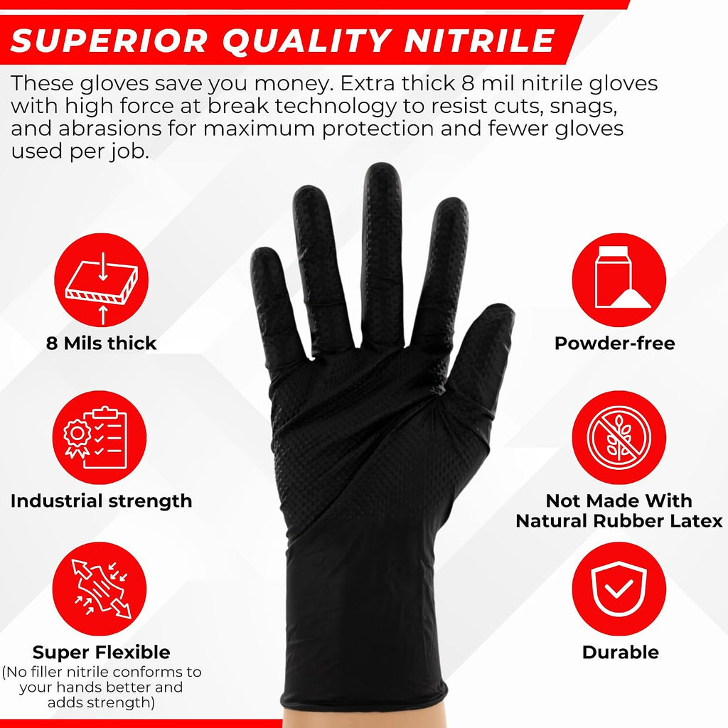 HD 8 MIL Nitrile Disposable Gloves, Latex & Powder Free, Industrial, Raised Diamond Texture, Case/1000