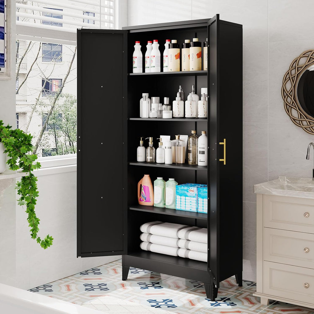 pozdeg 71' Tall Kitchen Pantry Cabinet, Metal Storage Cabinet with 2 Doors and 4 Adjustable Shelves, Black Food Pantry Cupboard for Kitchen, Dining Room, Living Room and Bathroom (Black)