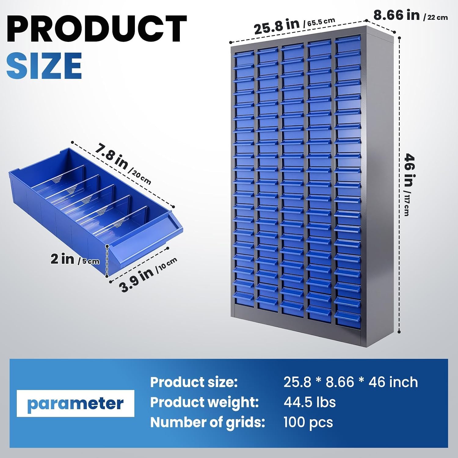 100 Drawers Parts Cabinet, Stainless Steel Nut and Bolt Storage Cabinet, 46' H x 26' D x 9' W Small Parts Organizer with Labels and Shelves for Garages Basements Warehouse(100 Drawers)