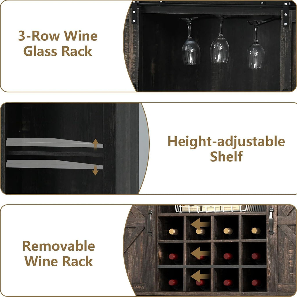 55 Inch Farmhouse Coffee Bar Cabinet with 3-Tier Enclosed Storage Cabinet, Kitchen Hutch with 12 Wine Racks & 3 Glass Holders, Coffee Bar with 6 Hooks, Wood Furniture for Dining Living Room, Oak