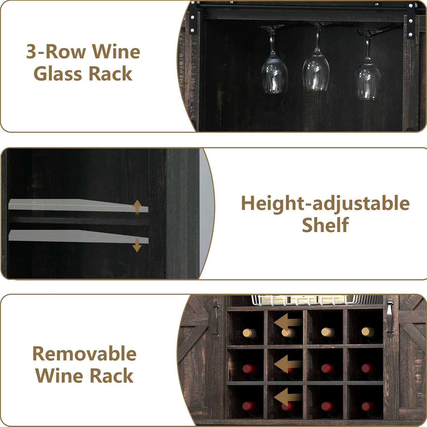 55 Inch Farmhouse Coffee Bar Cabinet with 3-Tier Enclosed Storage Cabinet, Kitchen Hutch with 12 Wine Racks & 3 Glass Holders, Coffee Bar with 6 Hooks, Wood Furniture for Dining Living Room, Oak