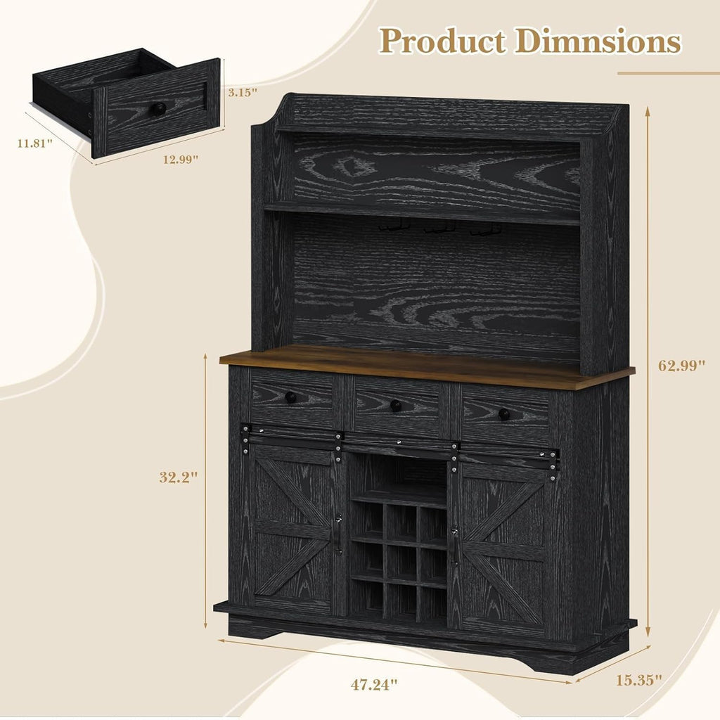 REVOMINCA 63 Inch Tall Coffee Bar Cabinet with 3-Tier, Kitchen Hutch with 3 Large Drawers, Farmhouse Coffee Bar with 9 Wine Racks & 3 Glass Holders, Wine Storage Cabinet for Living Dining Room, Black