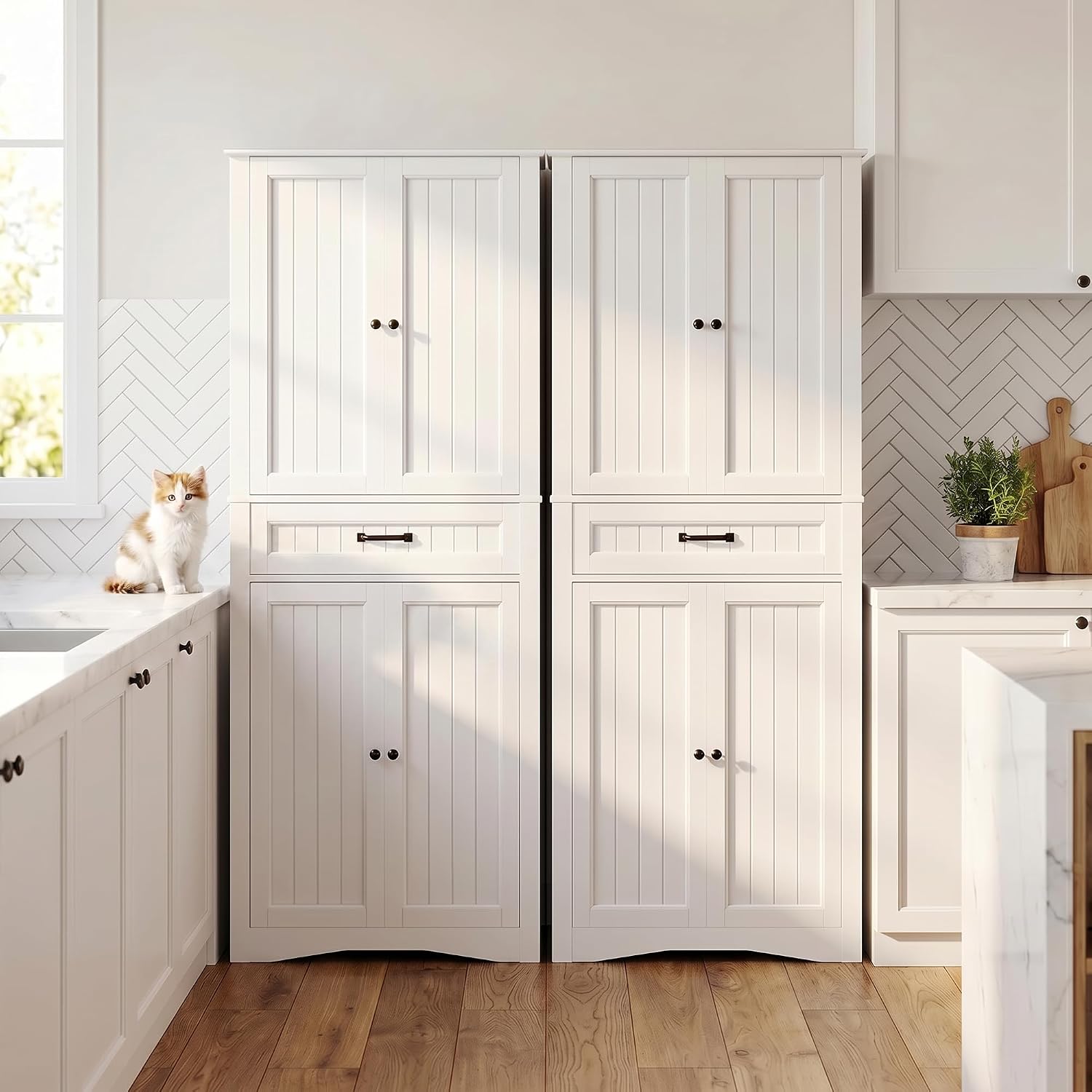 Gizoon 71'' Kitchen Pantry Storage Cabinet, Freestanding Pantry Organizers and Storage Cabinet with 4 Doors and 4 Adjustable Shelves, Tall Cabinet with Large Drawer for Kitchen, Living Room, Bathroom
