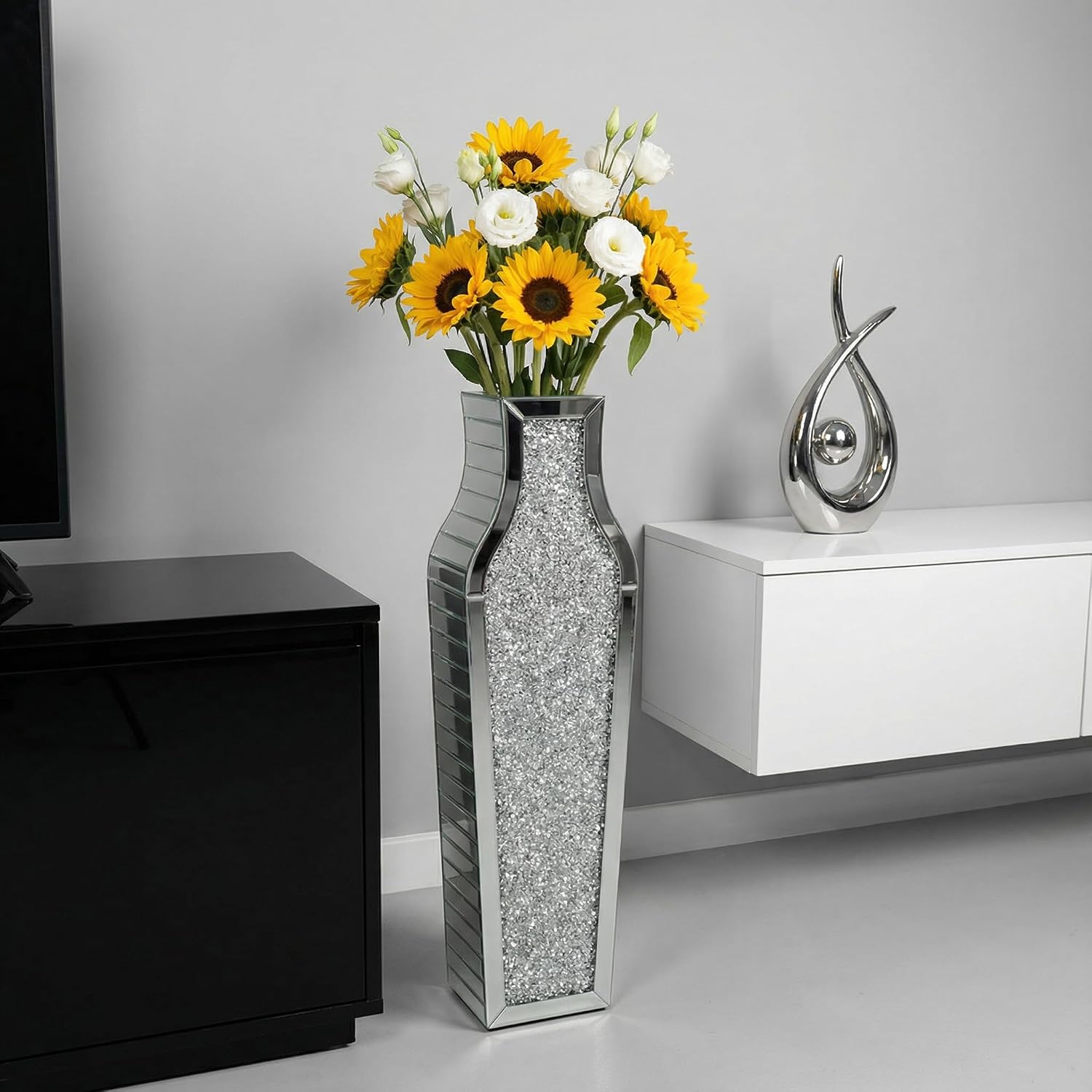 30' Large Double Sided Crushed Diamond Floor Vases,Tall Silver Mirrored Crystal Vase for Floor,Big Floor Vases Decorative Tall for Home,Office,Hotel(Silver,8.6' L x 5.3' W x 30' H)