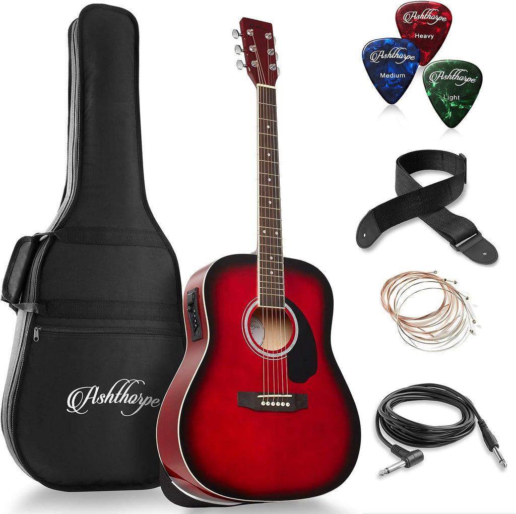 Ashthorpe Full-Size Dreadnought Acoustic-Electric Guitar Bundle - Premium Tonewoods - Red
