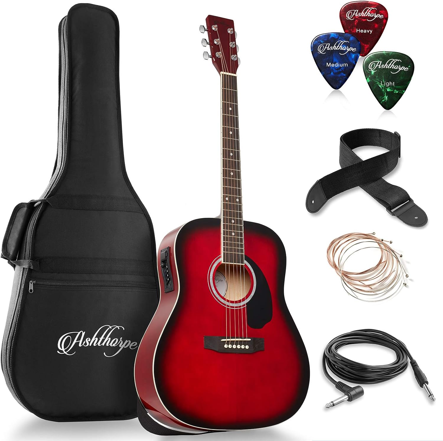 Ashthorpe Full-Size Dreadnought Acoustic-Electric Guitar Bundle - Premium Tonewoods - Red