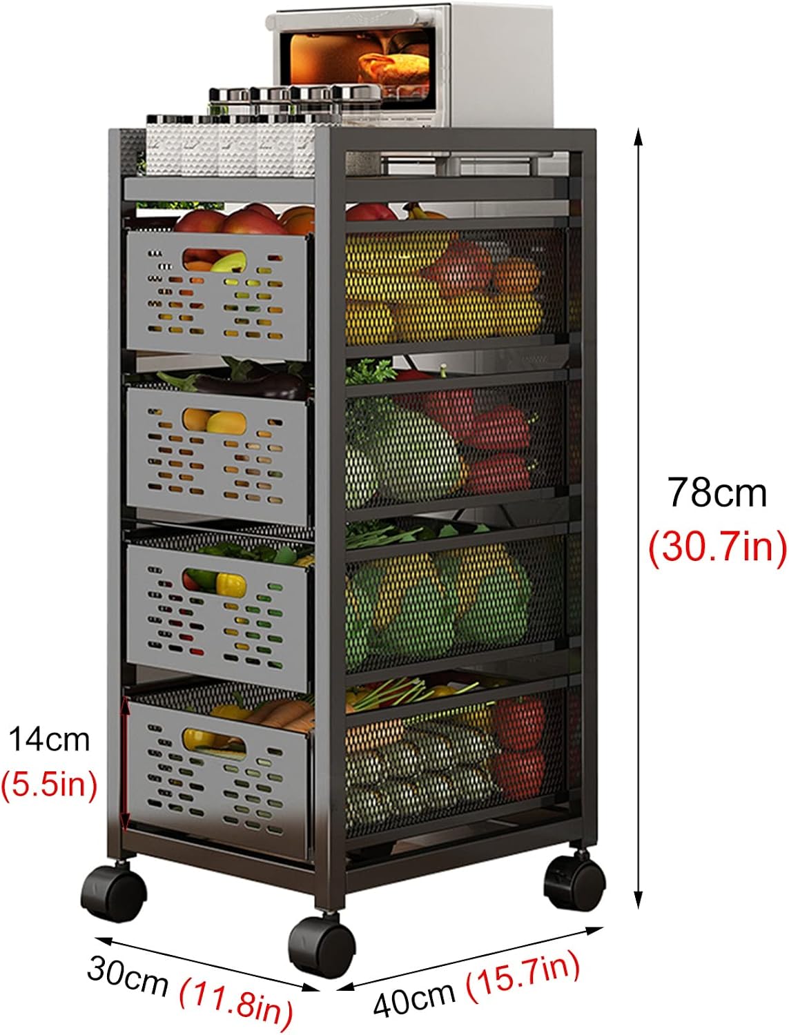 Kitchen Counter Baker's Rack with Drawers, Stackable Storage Fruit Vegetables Basket, Microwave Oven Coffee Machine Organizer Shelf, Black (Size : 4 Tier)