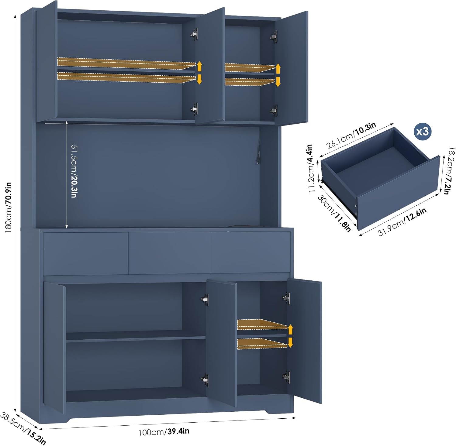 FINETONES 71' Pantry Cabinet with Power Outlets and Led Lights, Large Kitchen Hutch Storage with Microwave Stand, Tall Pantry Kitchen Cabinet with Cupboard, Blue