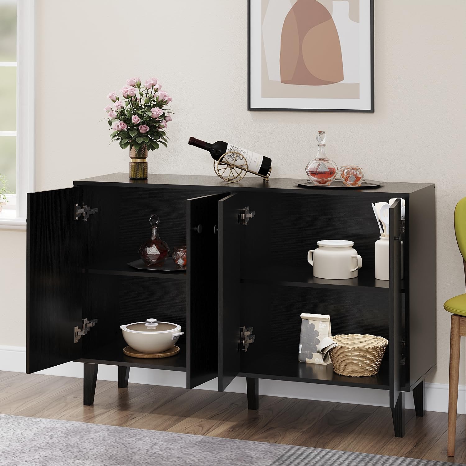Panana Sideboard Buffet Cabinet Kitchen Storage Cabinet Living Room 4 Doors Console Table (Black)