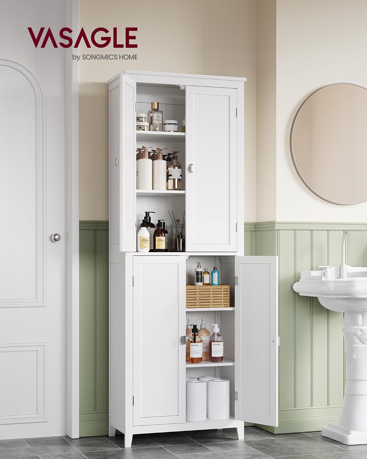 VASAGLE Floor Storage Cabinet, Freestanding Storage Unit with 4 Doors, Adjustable Shelves, 11.8 x 23.6 x 66.9 Inches, for Entryway, Bathroom, Cloud White UBBC550W01