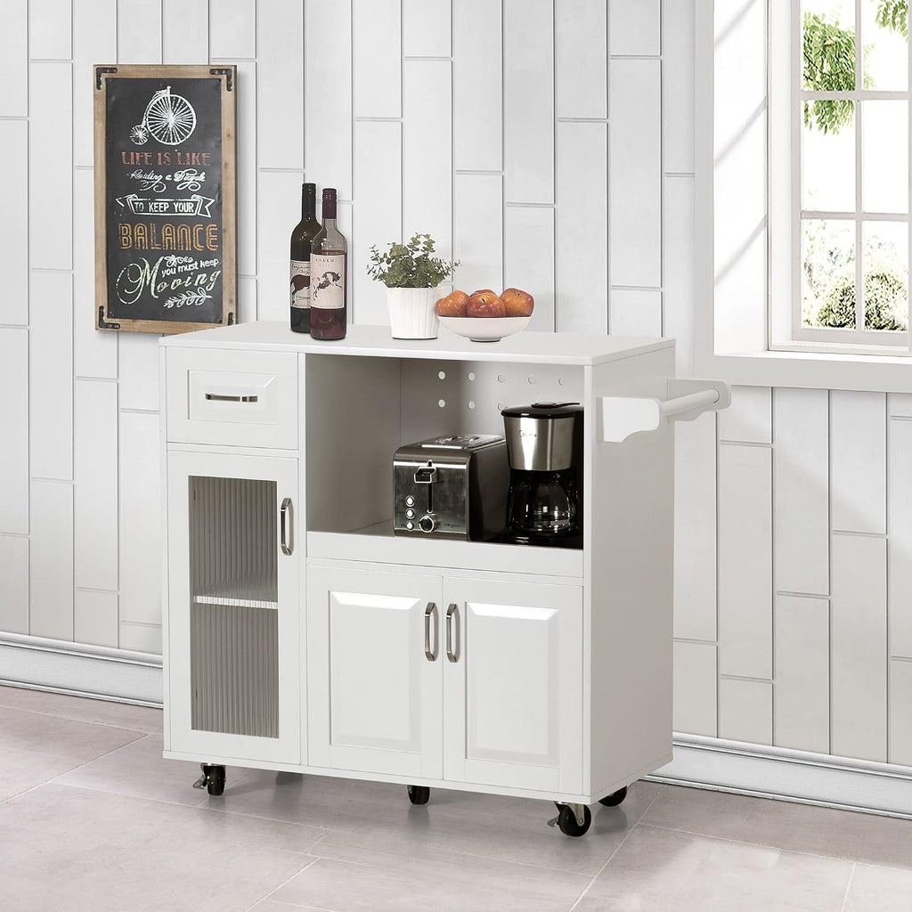 Sophia & William Kitchen Island Cart on Wheels with Extendable Tray, Adjustable Shelf and Glass Door, Mobile Kitchen Storage Islands Rolling Kitchen Trolley with Cabinets, Drawer and Towel Rack, White