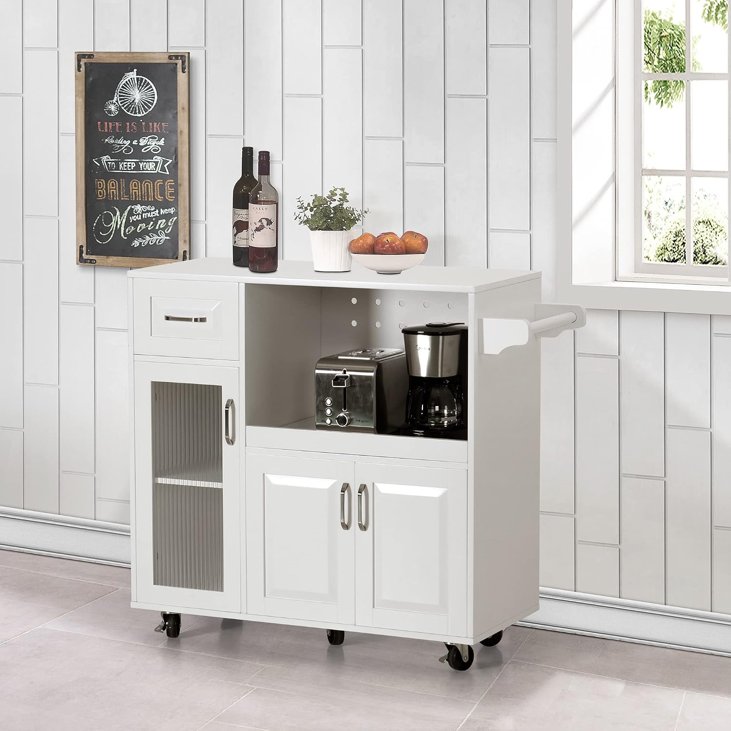 Sophia & William Kitchen Island Cart on Wheels with Extendable Tray, Adjustable Shelf and Glass Door, Mobile Kitchen Storage Islands Rolling Kitchen Trolley with Cabinets, Drawer and Towel Rack, White
