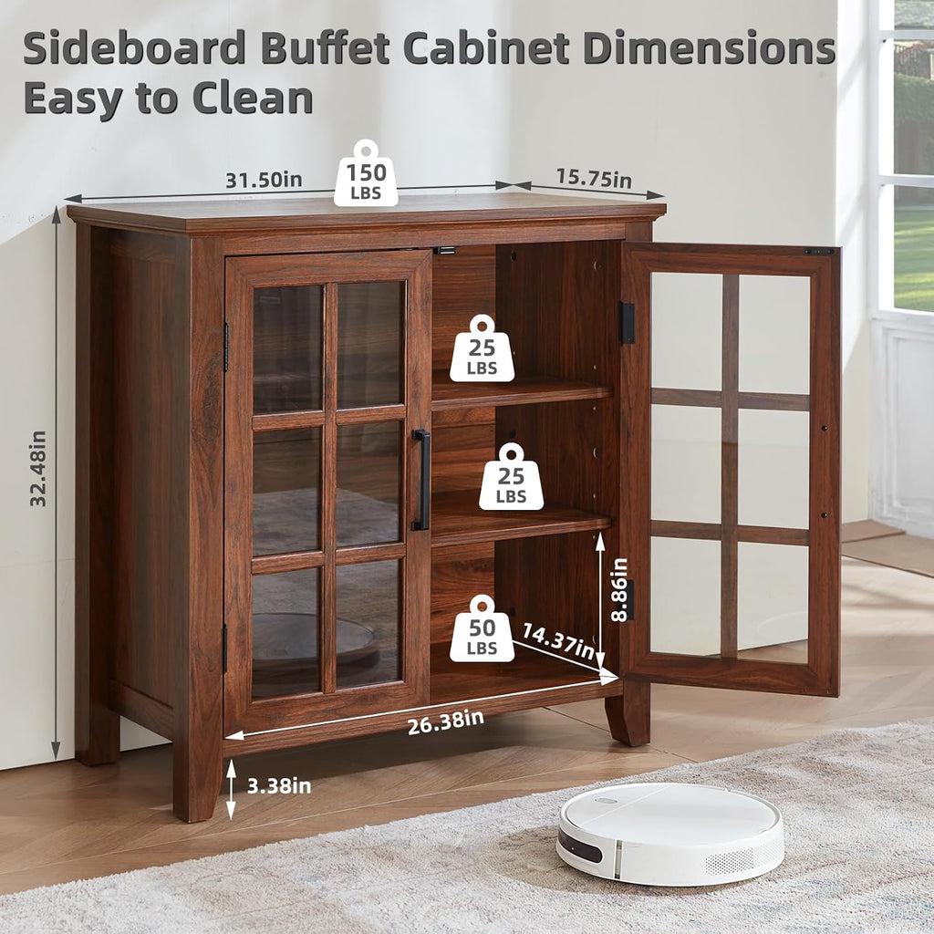 Large Sideboard Buffet Cabinet with Storage, 32' Farmhouse Brown Kitchen Coffee Wine Bar Cabinet with 2 Glass Doors, Wood Mid Century Modern Side Board Table for Dining Room, Living Room (2PCS)