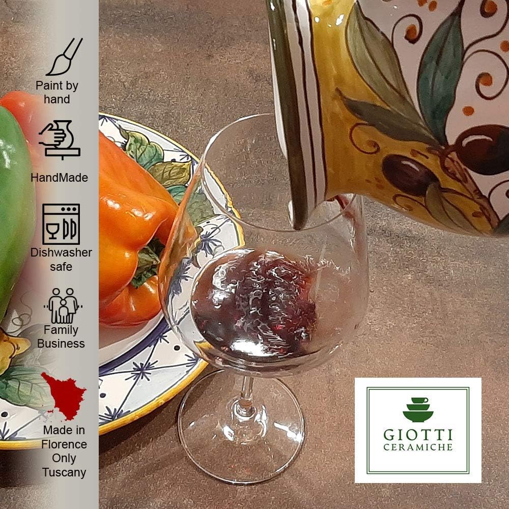 Italian Ceramic Pitcher Olive Green - 33 oz Hand Painted Utensil Holder Or Carafe Design for Kitchen - Made in ITALY Tuscany - Italian Pottery Vase Jar for Wine - Home Decor Ceramics Dispenser