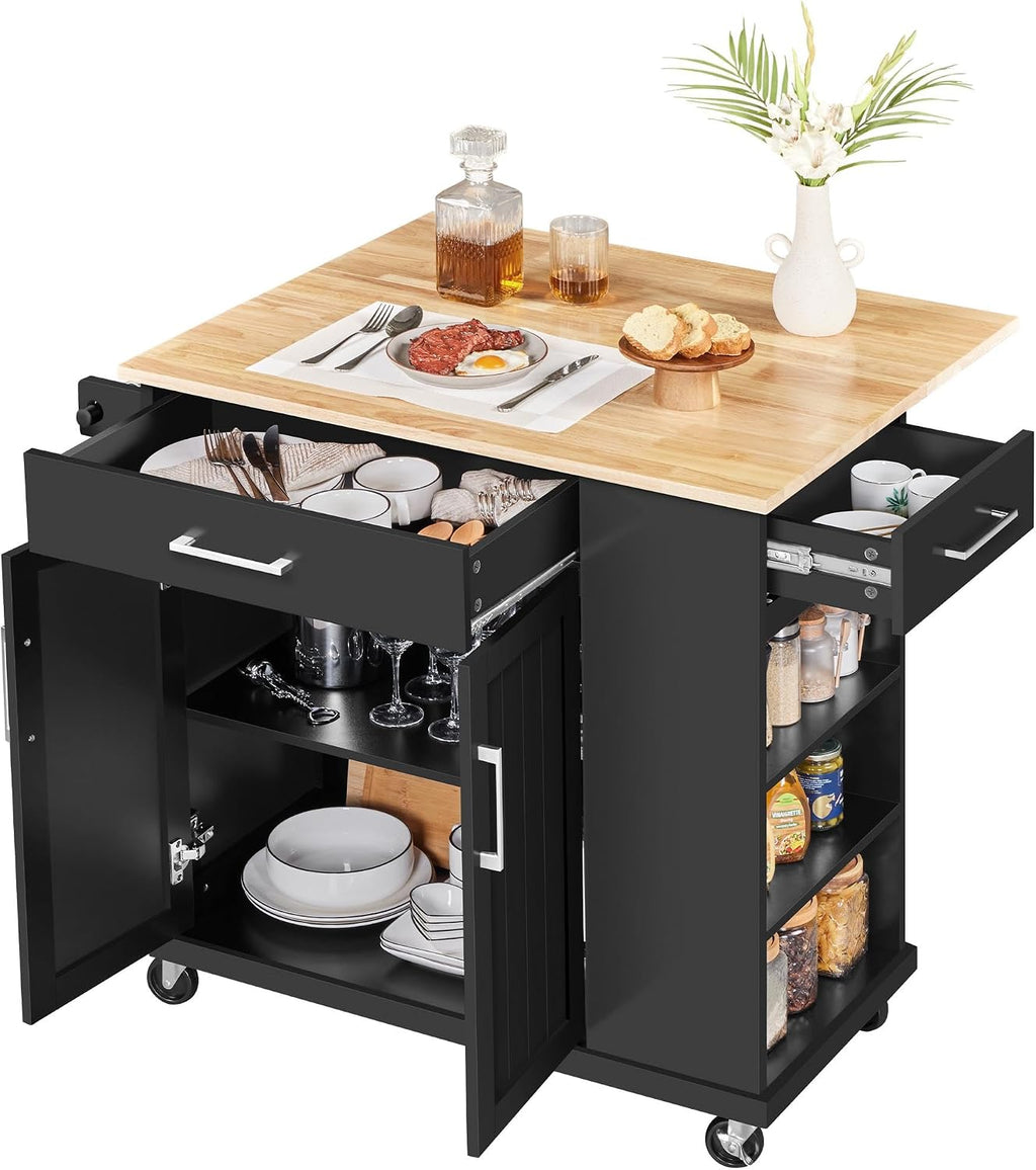 Yaheetech Rolling Kitchen Island Cart with Drop Leaf, Portable Rubberwood Breakfast Bar with Storage Cabinet, Open Shelves & Detachable Towel, 2 Drawers, Black