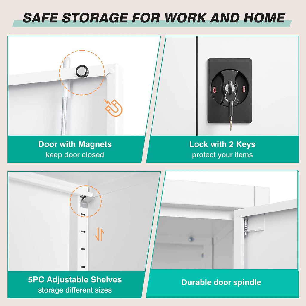 SISESOL Small Metal Cabinet with Shelves,36 inch Garage Storage Cabinet with Lock,White Metal Storage Cabinets with Locking Doors,Lockable Office File Cabinets for Home,Office,Shop,Garage