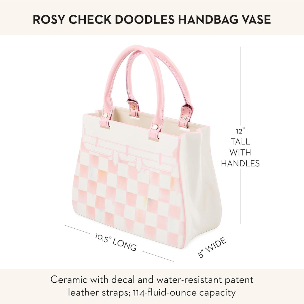 MACKENZIE-CHILDS Ceramic Handbag Vase, Unique Flower-Vase Decor, Pink-and-White Rosy Check Doodles