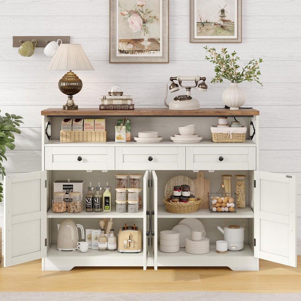 Befrases Farmhouse Sideboard Buffet Cabinet, Barn Doors Storage Cabinet with Drawers and Open Shelf, 47.2'' Wood Coffee Bar Microwave Station for Kitchen, Living Room, Hallway, White