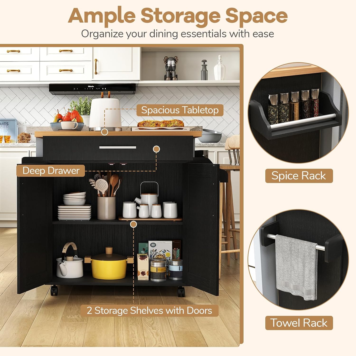 COSTWAY Kitchen Island On Wheels, Rolling Storage Trolley Cart with Large Cabinet, Drawer, Spice Rack and Towel Rack, Kitchen Serving Utility, 3-Position Adjustable Shelf (Black)
