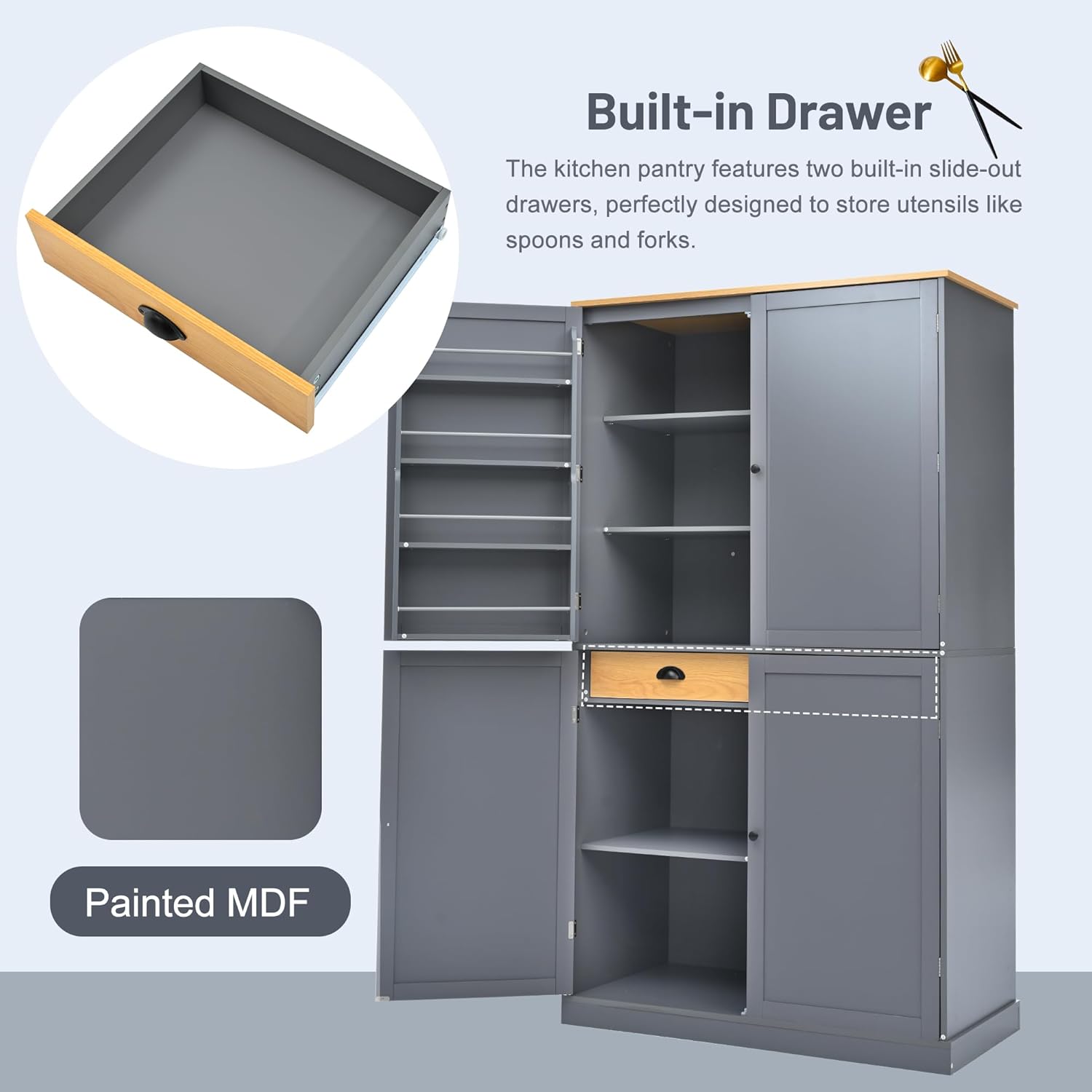 Ball & Cast 71.3' Freestanding Kitchen Pantry with 2 Built-in Drawers and Adjustable Shelves,Storage Cupboard Cabinet with 8 Door Shelves,for Kitchen,Dining Room,Living Room,Apartment,Gray