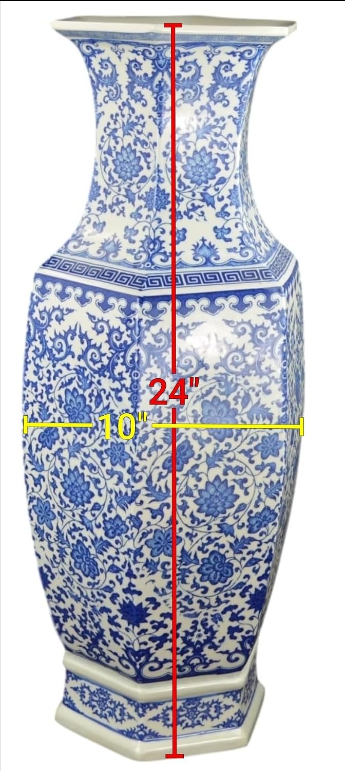 24' Classic Blue and White Hexagonal Lotus Porcelain Vase, Ceramic Vase Jingdezhen, China Qing Style （D8）