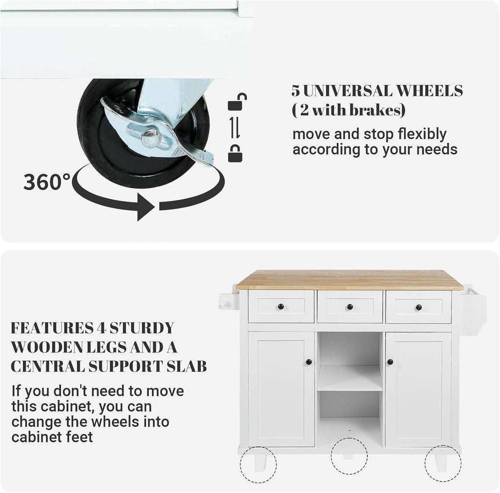 Rovibek Kitchen Island with Drawers 53 in Rolling Island Cart Mobile Portable Islands on Wheels Solid Wood Island with Storage Cabinet & Drawers, Bright White